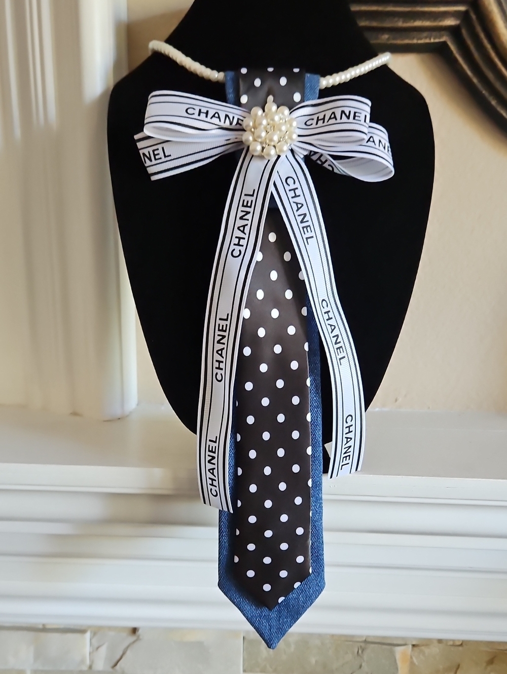 Hand Crafted Black and White Polka Dot Necktie on a Denim Handmade Tie Necklace - Picture 1 of 5